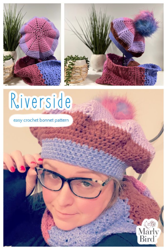 3-image collage: Riverside Easy Crochet Bonnet. 1. Top of bonnet shown in pink and lilac, with Riverside Crochet Cowl, beside 2 potted plants. 2. Side view of bonnet worked in pink, lilac, brown, and blue yarn, on stand with large fur pompom attached, cowl below, beside potted plants. 3. Marly Bird wearing bonnet looking up at camera.