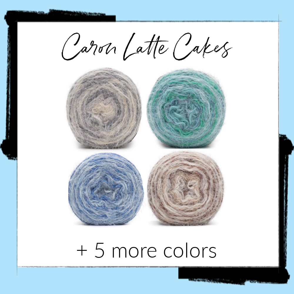 Images of 4 Latte yarn colorways - greys, greens, blues, browns.