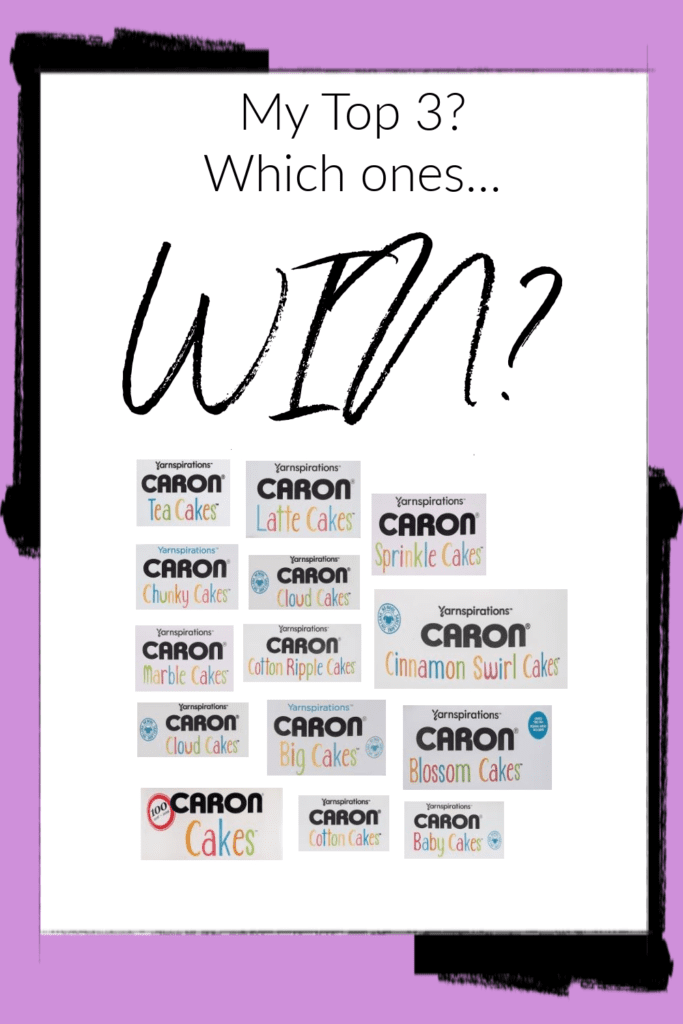 Caron yarn bands on white background. Questions: My top 3? Which will win?