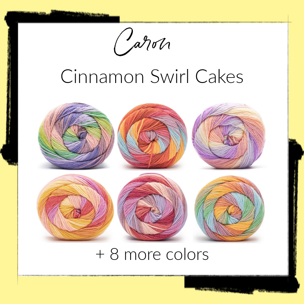 Image of 6 colorways of Caron Cinnamon Swirl Cakes. (Purples, pinks, greens), South West shades. (pinks, purples, creams), (yellows, coral, lilac), (lila, sky, grey, cream, 2 pinks), (grey, green, light blue, mauve, terracotta, gold).