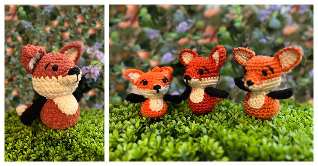 Apricot Lane Amigurumi character Felix the Fox in four different sizes. All use the same Felix the Fox crochet stuffie pattern but different size yarn and hook