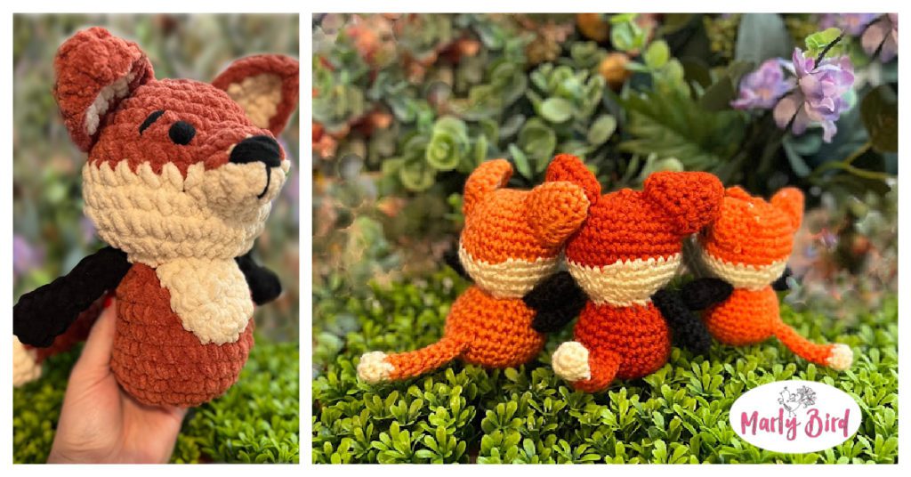 Felix the Fox in four different sizes. All use the same Felix the Fox crochet stuffie pattern but different size yarn and hook. the image shows the back view of the three smaller foxes and the side view of the largest fox.