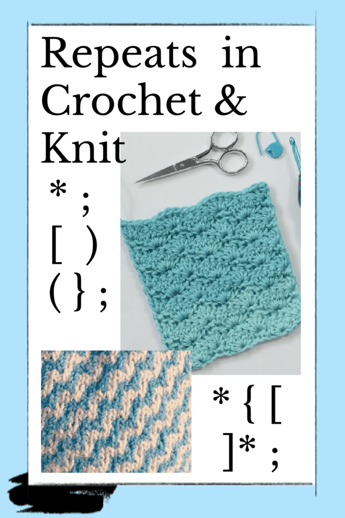 Image of 2 swatches - blue and grey knit, turquoise crochet - with knit and crochet repeat symbols.
