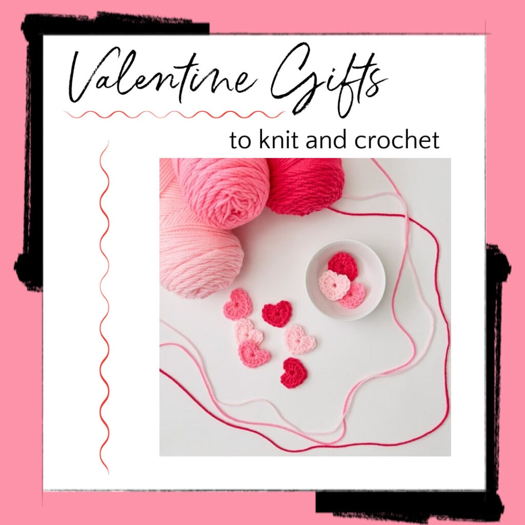 Small pink crochet hearts in 3 shades of pink yarn with yarn around them on a white background. Valentine gifts to knit and crochet.