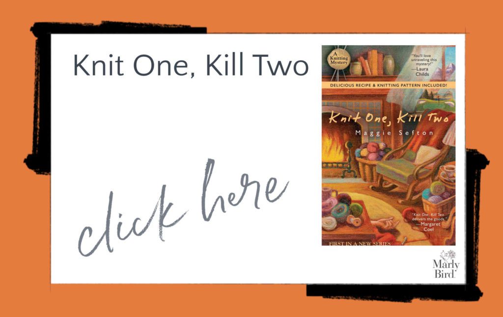 Shaded box with book title "Knit One, Kill Two" and "Click Here"  next to an image of the book cover.