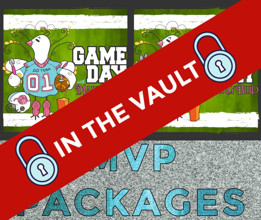 Promotional graphics for 'Game Day with Marly Bird' MVP Packages. The top half shows two nearly identical illustrations side by side, featuring a whimsical cartoon bird wearing a sports jersey with '01' and 'GO TEAM' text, surrounded by sports equipment like footballs, basketballs, and weights. The bird is knitting with needles that have flowers on top. The background is a vibrant green field with a faint white border pattern. Below the illustrations, the text 'MVP PACKAGES' is written in large, ice-blue letters on a textured gray background resembling asphalt. large red banner diagonally across image with padlock images and in the vault written in white