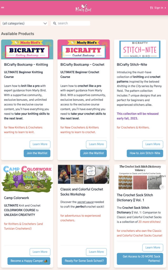 Screenshot of courses available in the Marly Bird House: BiCrafty Bootcamp (Knit or Crochet), Stitch Nite, Camp Colorwork, Colorful Crochet Socks, Crochet Sock Stitch Dictionary.