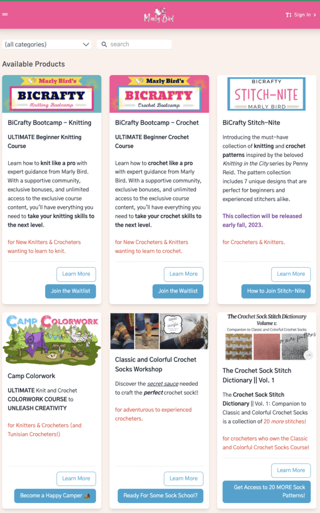 Screenshot of courses available in the Marly Bird House: BiCrafty Bootcamp (Knit or Crochet), Stitch Nite, Camp Colorwork, Colorful Crochet Socks, Crochet Sock Stitch Dictionary.