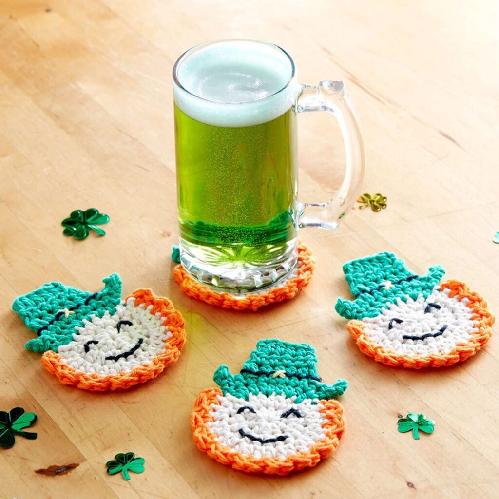 free knit and crochet saint patrick's patterns. picture of green beer and leprechaun coasters. Marly Bird