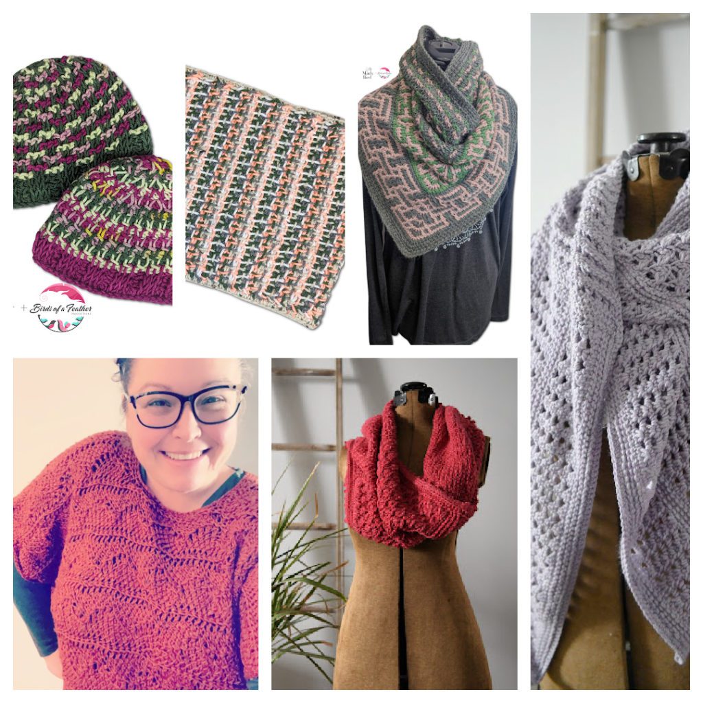 Photo montage of Tunisian crochet projects. Top left to right: 4 color hat (2 shades each of green & purple), multi-color cowl, pointed shawl/cowl (grey, pink, green). Lower left to right: Tunisian crochet top (red), cowl red. Tall image on right: grey shawl.
