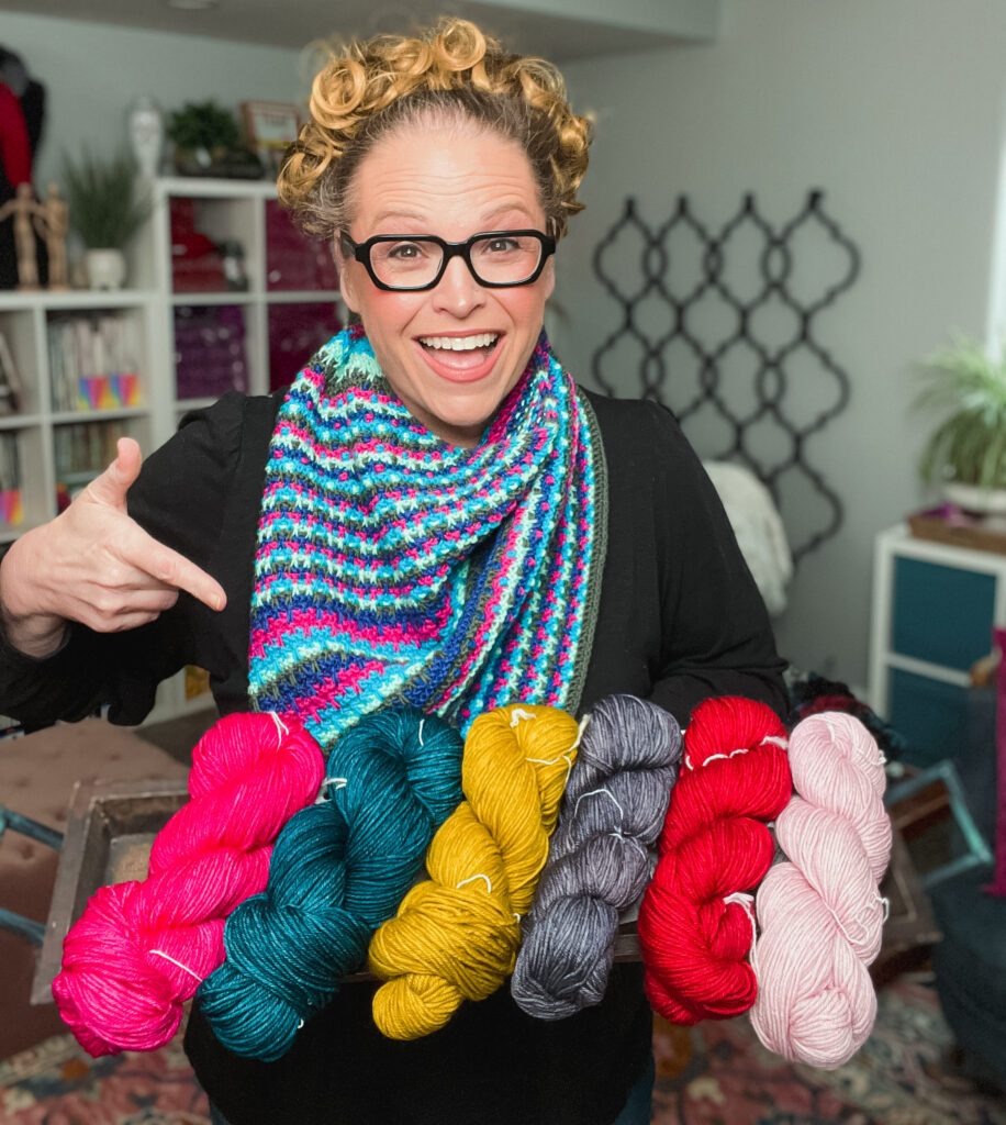Marly Bird with colorful handmade knit and crochet projects — free BiCrafty colorwork patterns