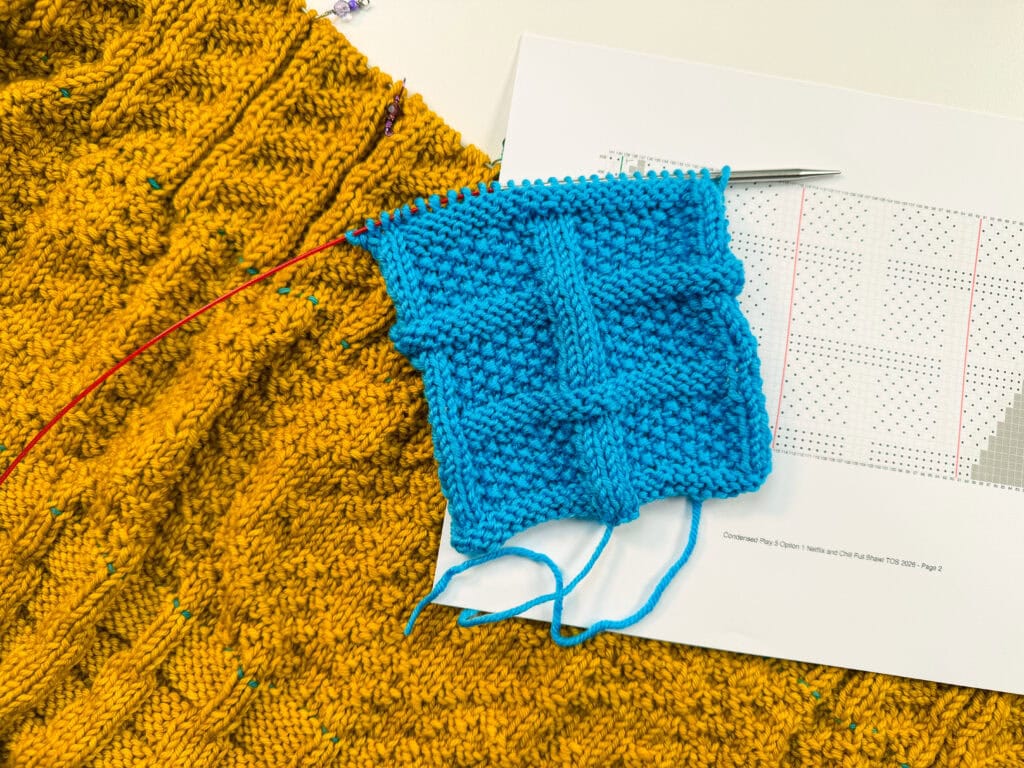 Blue swatch with textured stitches and needle on Tournament of Stitches chart, beside mustard-yellow knitted fabric.