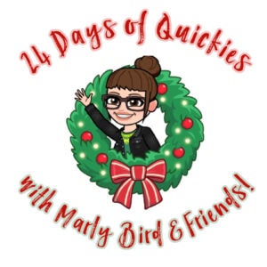 A woman with glasses waves from a holiday wreath decorated with red ornaments and a bow; text highlights crochet festivities.