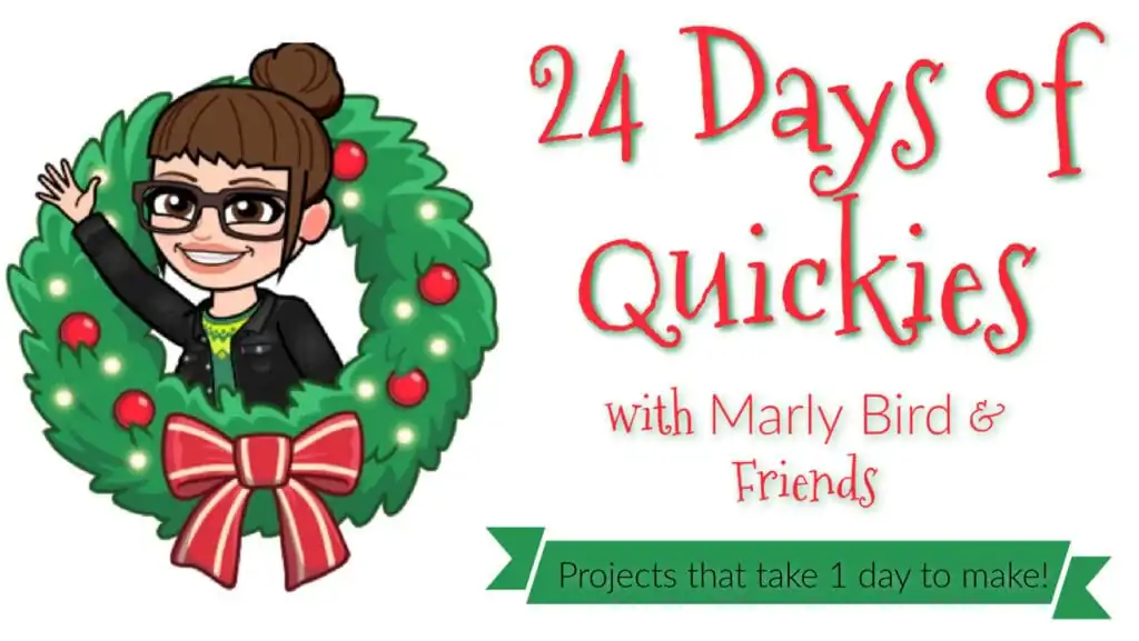 Illustration of a woman with glasses waving from inside a Christmas wreath with a red bow. Text reads: "24 Days of Quickies with Marly Bird & Friends. Fun Christmas crochet patterns you can make in just one day!. -Marly Bird