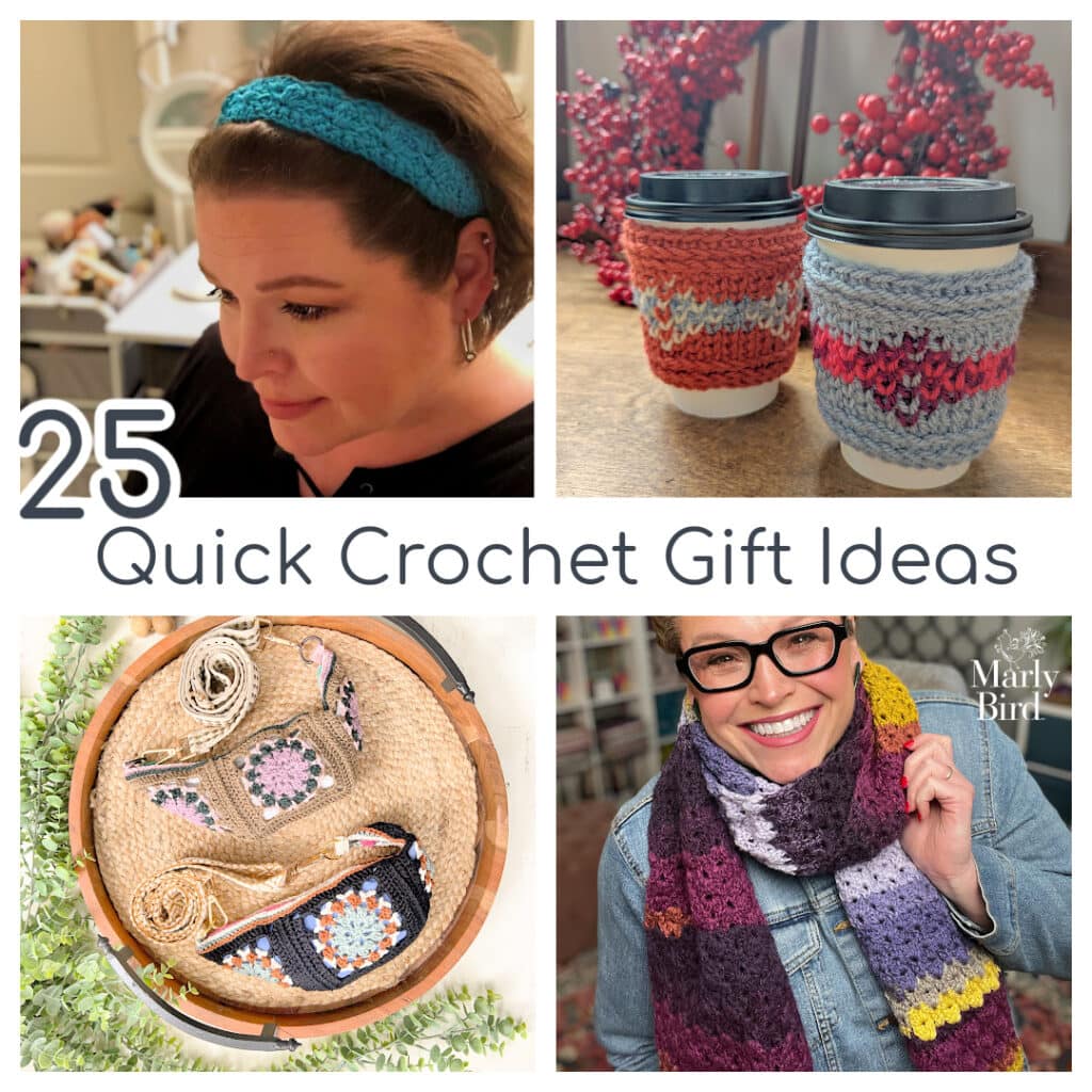 Four crochet projects: blue headband, textured cup cozies, granny square basket, and colorful scarf with visible stitch detail.