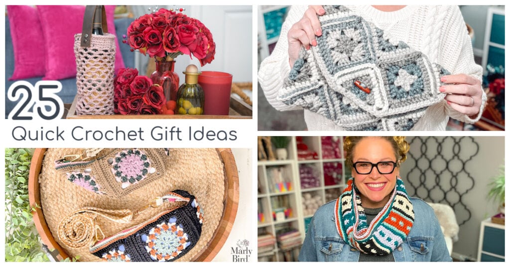 Collage of crochet gifts: textured pink drink holder, rose motifs, gray clutch, patchwork pouch, and colorful cowl.