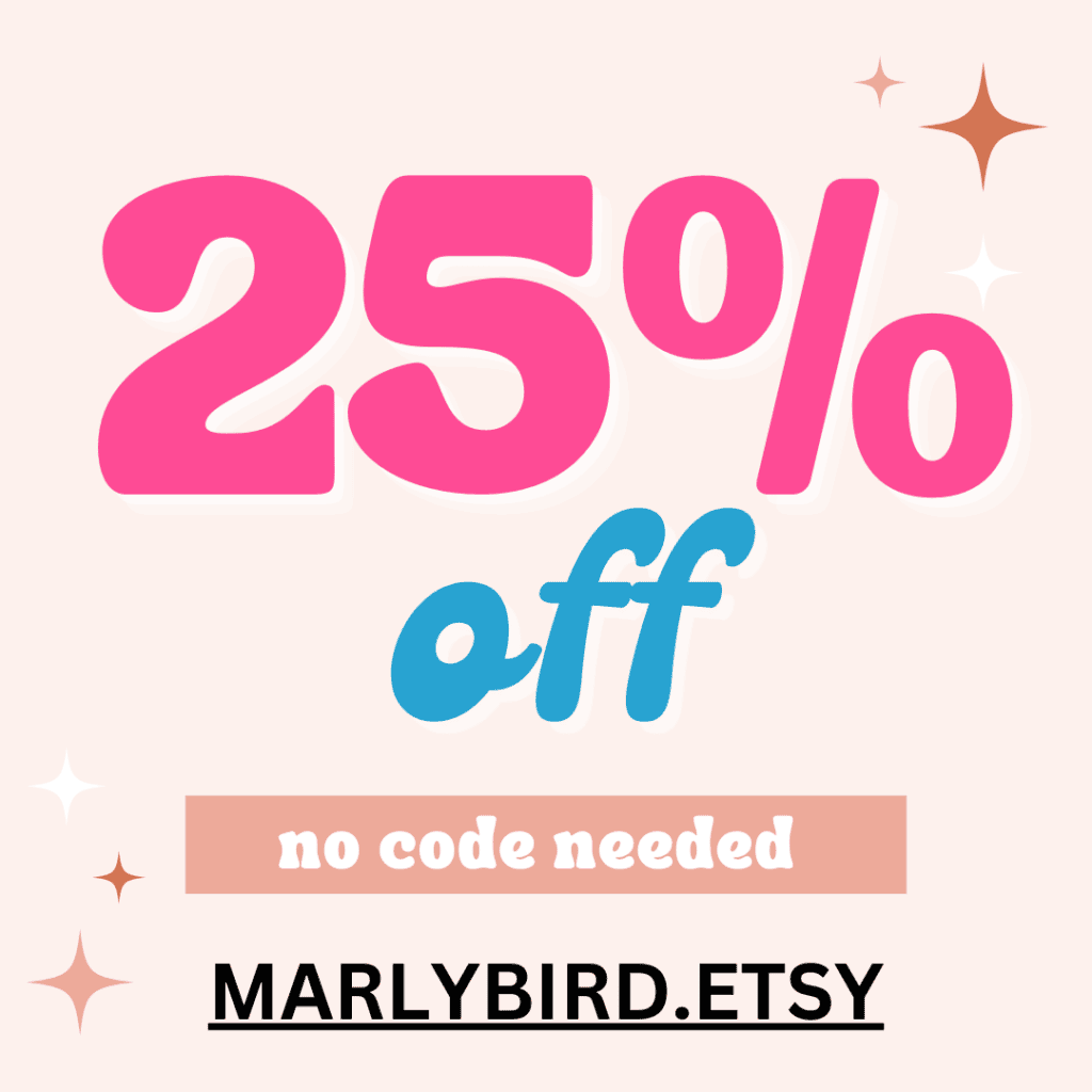 Bold pink text reads "25% off" with smaller blue text "off" below. Beneath, it says "no code needed" in a peach box. At the bottom, the URL "MARLYBIRD.ETSY" is displayed. Sparkles and stars decorate the image, perfect for knit and crochet giveaways. -Marly Bird