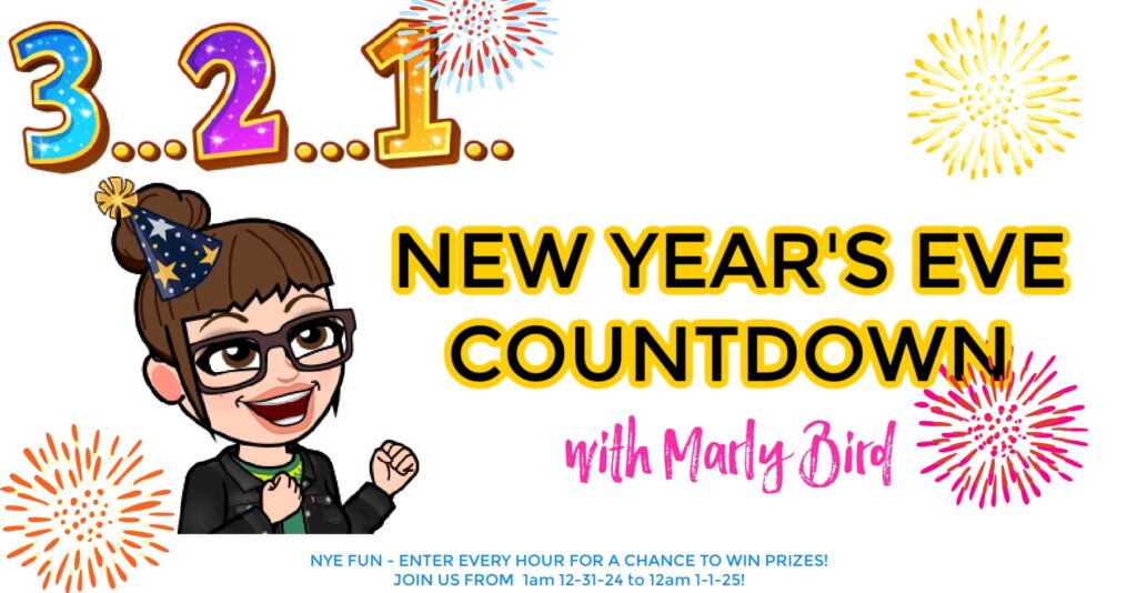 Illustration of a woman celebrating with text that reads "3...2...1... New Year's Eve Countdown with Marly Bird." Fireworks decorate the background and there’s information about an event with prize opportunities from December 31 to January 1. -Marly Bird