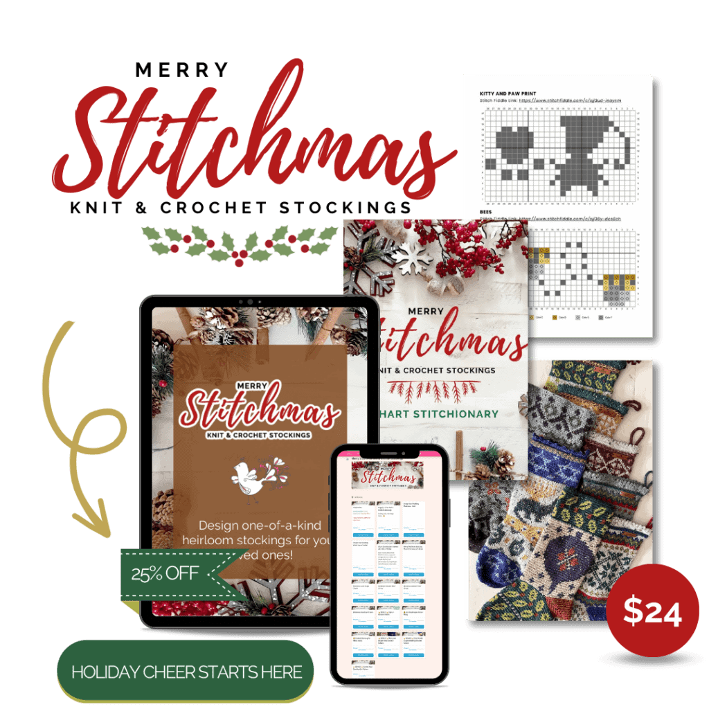 Collage advertising a "Merry Stitchmas Stocking" sale with various elements: a coupon for 25% off, phone displaying the website, stitch patterns, completed stockings, and a festive header. -Marly Bird