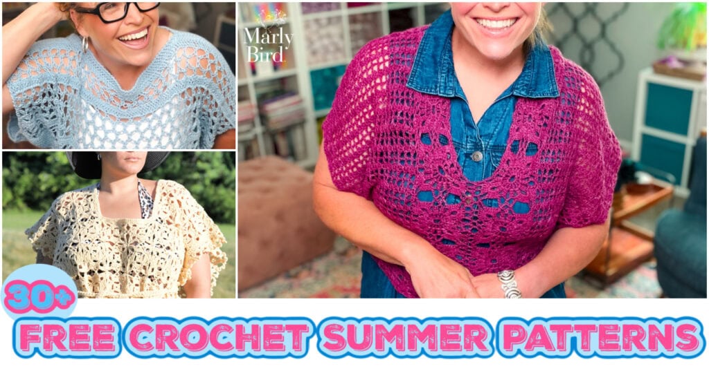 Three women wear airy crochet summer tops in blue, yellow, and pink; bold title reads "30+ Free Crochet Patterns" below.