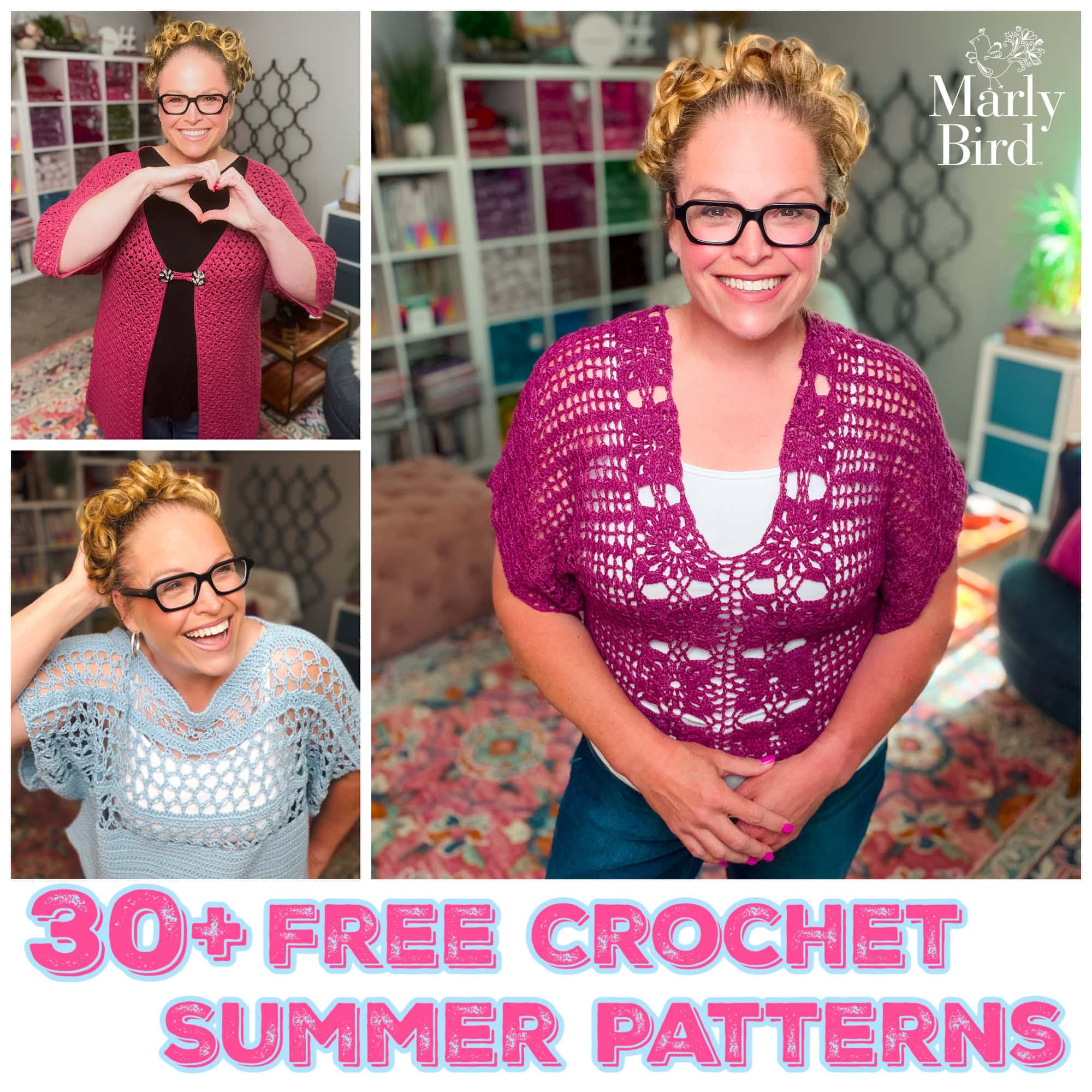 Woman modeling crochet summer tops in pink, lavender, and blue with visible textured stitch detail; yarn shelves behind her.