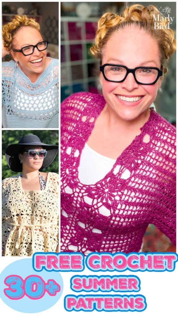 Woman wearing blue, magenta, and beige crochet summer tops and cover-ups showcasing various stitches and textures.
