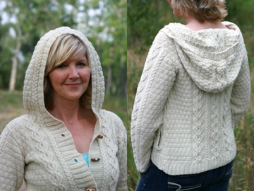 Split image of a person wearing a knitted cream-colored hoodie. Left side shows the front view with the person smiling, hood up, and buttoned front. The right side reveals intricate drop stitch cable knitting patterns on the back. Outdoor background with trees. -Marly Bird