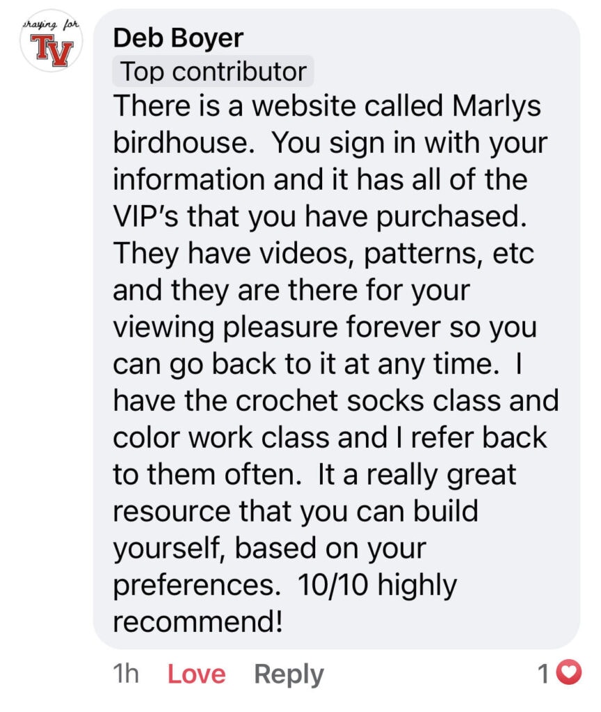 A Facebook comment by Deb Boyer, labeled "Top contributor," recommends Marly Bird's website for crochet resources, videos, and patterns like the Turkey Trot Make-Along, rating it 10/10. The comment has 1 like and 1 love reaction. -Marly Bird
