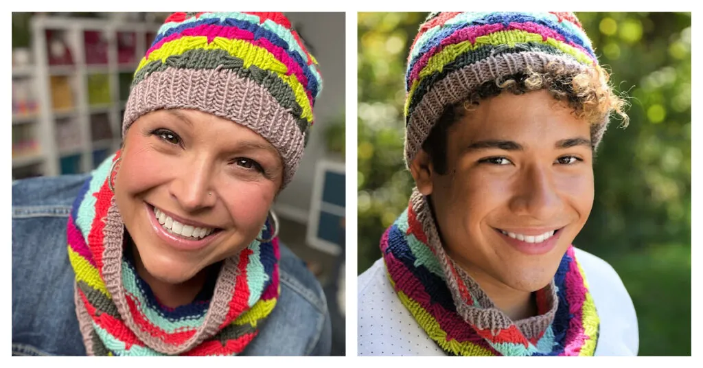 Two people wearing matching colorful knit hats and scarves, inspired by a Marly Bird Knit Hat Pattern, smile at the camera. The hats and scarves feature stripes in neon pink, blue, yellow, green, gray, and taupe. The background is blurred. -Marly Bird