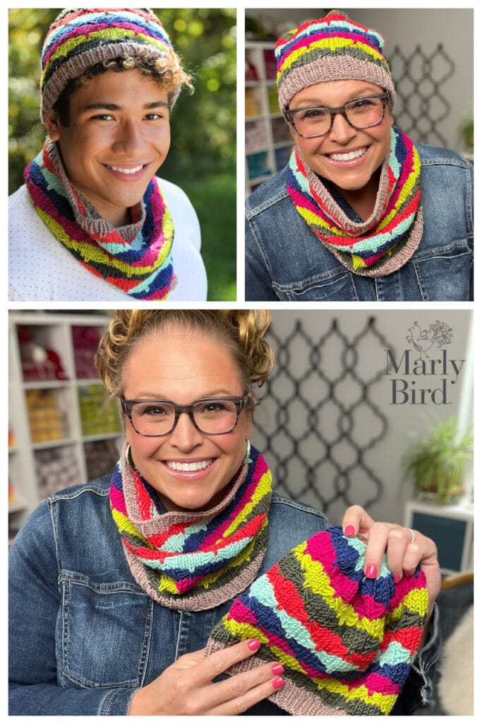 A collage shows two people wearing a colorful, striped knit hat and matching cowl pattern. One has short curly hair; the other, smiling with glasses, holds the hat. The background features a knit craft room and the Marly Bird logo. -Marly Bird