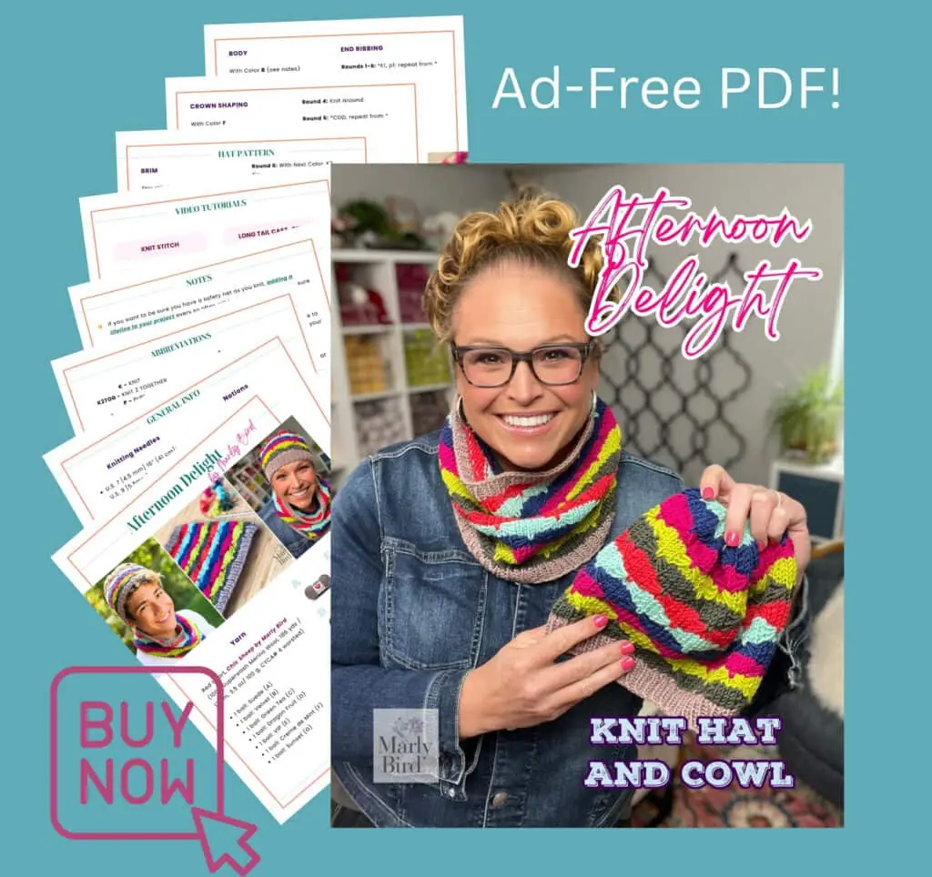 A smiling woman wearing glasses and a colorful striped knit hat and cowl holds matching knitting instructions. Text reads “Afternoon Delight KNIT HAT AND COWL Pattern by Marly Bird, Ad-Free PDF!” and “BUY NOW” with previewed pages beside her. -Marly Bird