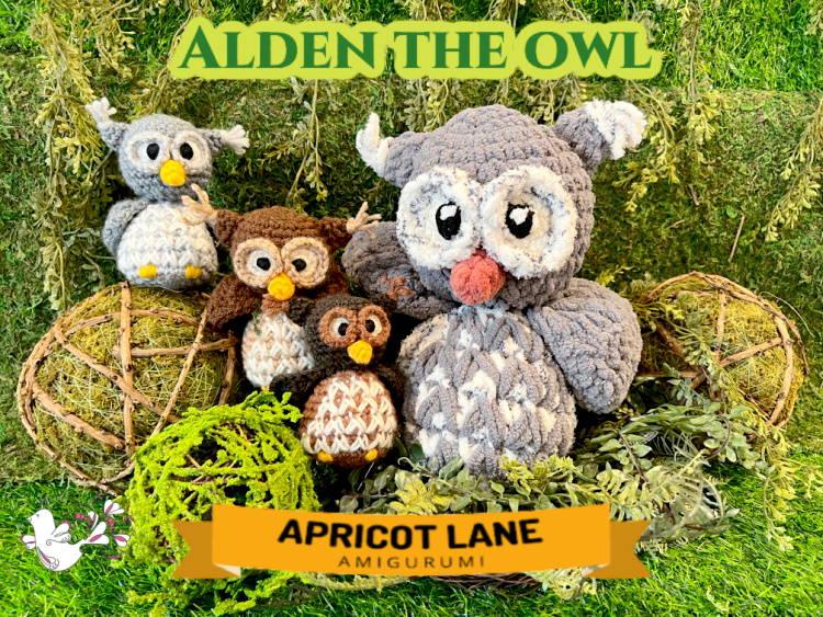 Alden the Owl of Apricot Lane Amigurumi - Marly Bird - Image shows four crochet stuffie owls of different sizes and colors made using the amigurumi free crochet animal pattern.