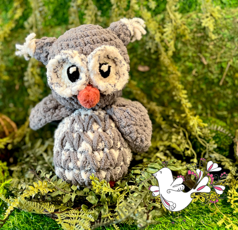 Alden the Owl of Apricot Lane Amigurumi in the larger blanket yarn stuffie version of the pattern - Marly Bird. Amigurumi free crochet animal pattern.