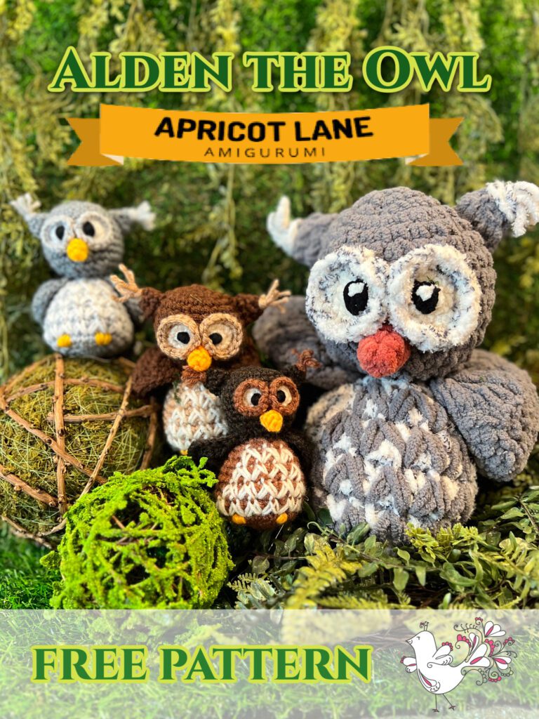 Alden the Owl of Apricot Lane Amigurumi - Marly Bird - Image shows four crochet stuffie owls of different sizes and colors - amigurumi free crochet animal pattern