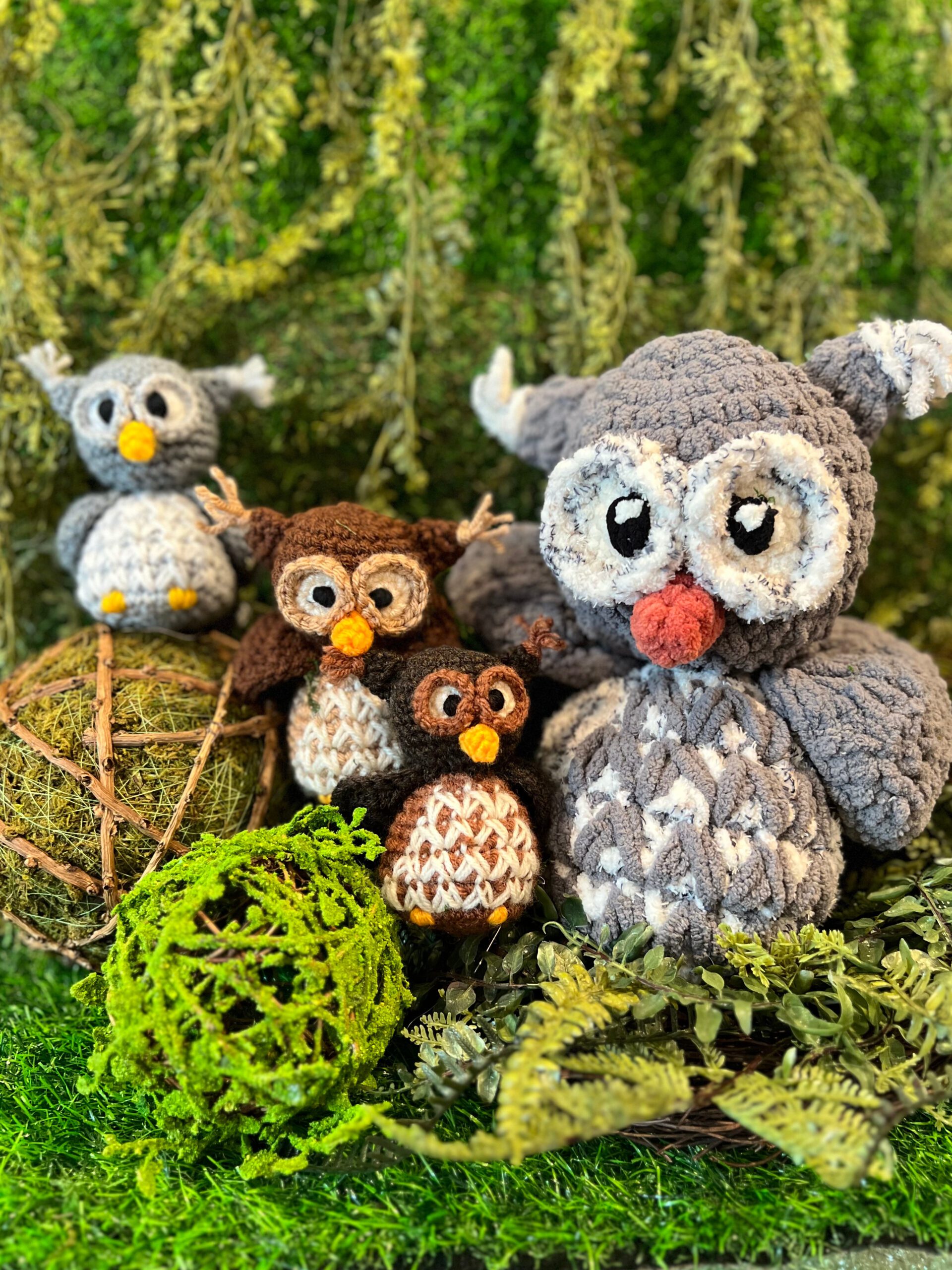 Marly Bird Image of 4 owl toys ranging in size from small to large in gray and brown colorways