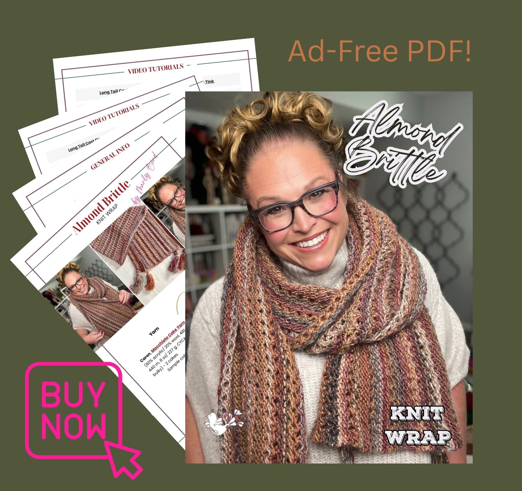 Mockup of the Almond Brittle Knit Wrap ad-free printable PDF pattern