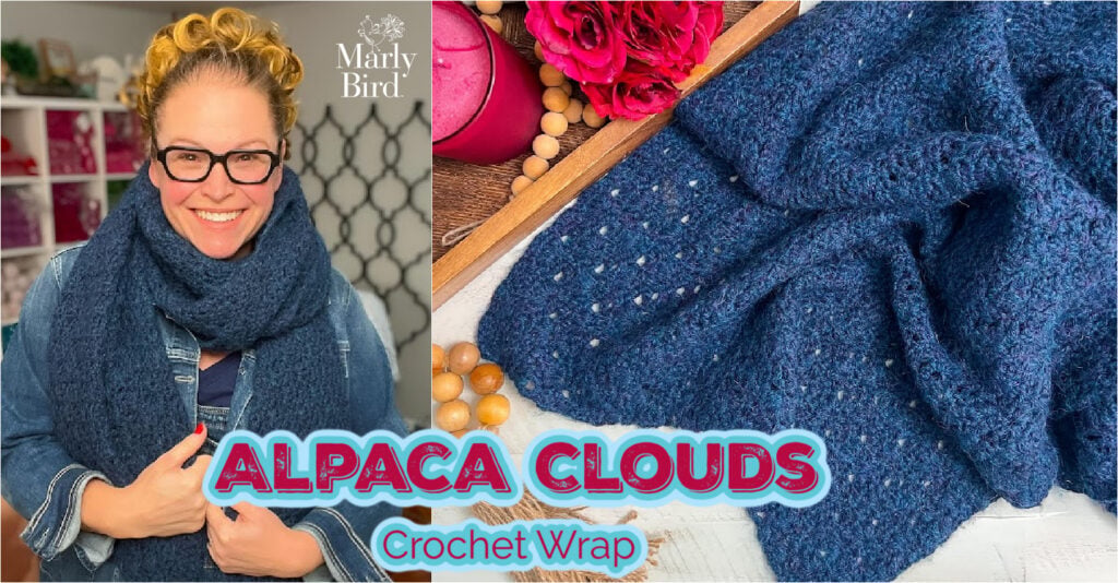 Woman models a blue worsted crochet shawl; close-up shows wrap’s texture, stitch detail, and drape near pink flowers and beads.