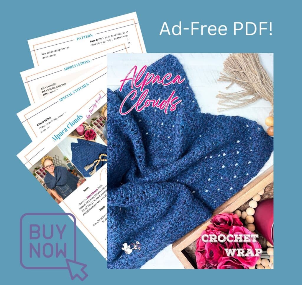 Blue crochet wrap with airy stitchwork, folded beside printed pattern pages and a purple BUY NOW button on a blue background.