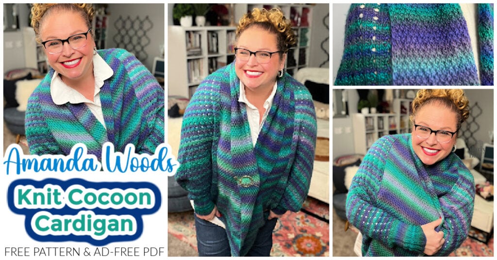 A person modeling a vibrant blue, purple, and green knit cocoon cardigan in various poses. Promoting Amanda Woods' free knit pattern and ad-free PDF, the text reads "Amanda Woods Knit Cocoon Cardigan." Shelves and elegant home decor enhance the background's charm. -Marly Bird