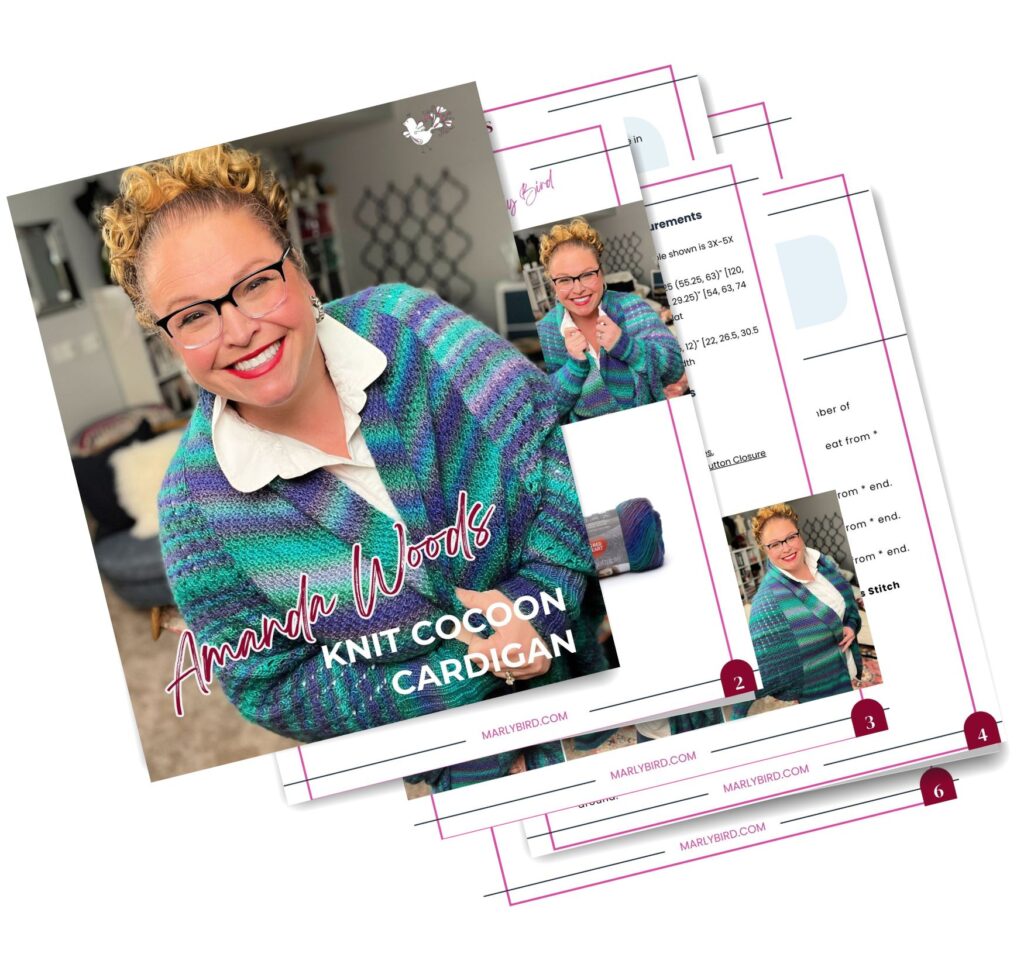 A woman wearing glasses smiles while modeling Amanda Woods' colorful knit cocoon cardigan. The image features her in different poses, highlighting the cardigan's details with knitting pattern information displayed. Text reads "Amanda Woods Free Knit Pattern for the Knit Cocoon Cardigan. -Marly Bird