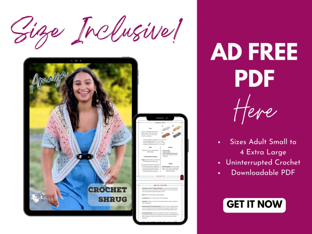 Advertisement for a stylish, size-inclusive crochet shrug pattern. Showcasing a tablet with a smiling person in the shrug, this ad promotes an ad-free PDF featuring sizes from adult small to 4XL. Hit the "Get It Now" button to download your perfect shrug pattern today! -Marly Bird