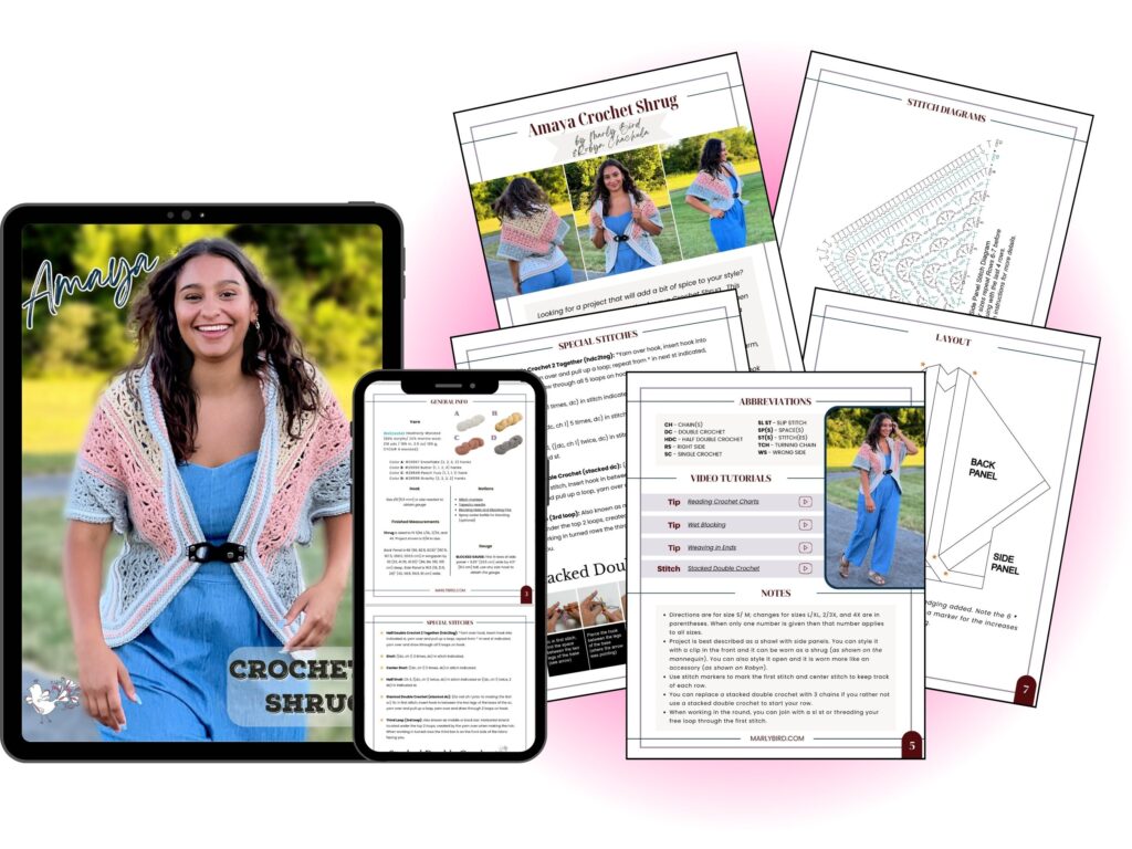 A digital display showcases an Amaya crochet shrug worn by a woman. Beside the tablet and phone are printed patterns, diagrams, and instructions for creating this stylish shrug. The setup suggests a detailed crochet tutorial or guide. -Marly Bird