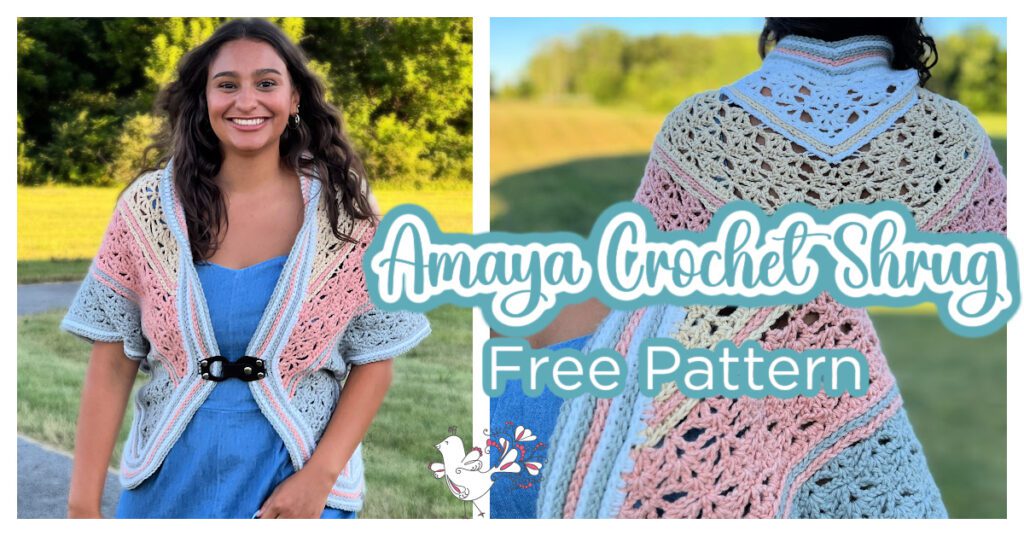 A woman dons a pastel crochet shrug over a blue dress, set against a lush grassy backdrop. The text reads "Amaya Crochet Shrug Free Pattern," highlighting the intricate detail of the crochet shrug's back. -Marly Bird