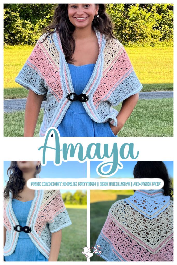 A woman in a blue dress and vibrant handcrafted crochet shrug, adorned with a pink, blue, and cream pattern fastened by a black buckle. The text reads "Amaya" and features a size-inclusive PDF offering a free shrug pattern. -Marly Bird