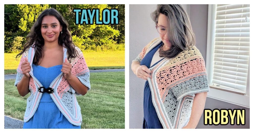 Two women grace the scene with their handmade, multicolored crochet shawls. "Taylor," outdoors in a blue outfit, complements "Robyn," who stands by a window indoors. The intricate pattern of each shawl elegantly enhances their look, resembling an artful shrug draping gracefully over their shoulders. -Marly Bird