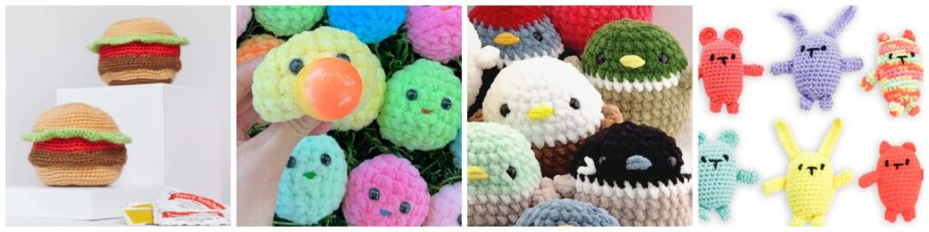 A collage of four images showcasing easy amigurumi crochet crafts: two burger plushies on display stands, a hand holding a colorful crochet ball among similar ones, a group of assorted crochet bird toys, and various colorful crochet animal figures laid flat. -Marly Bird