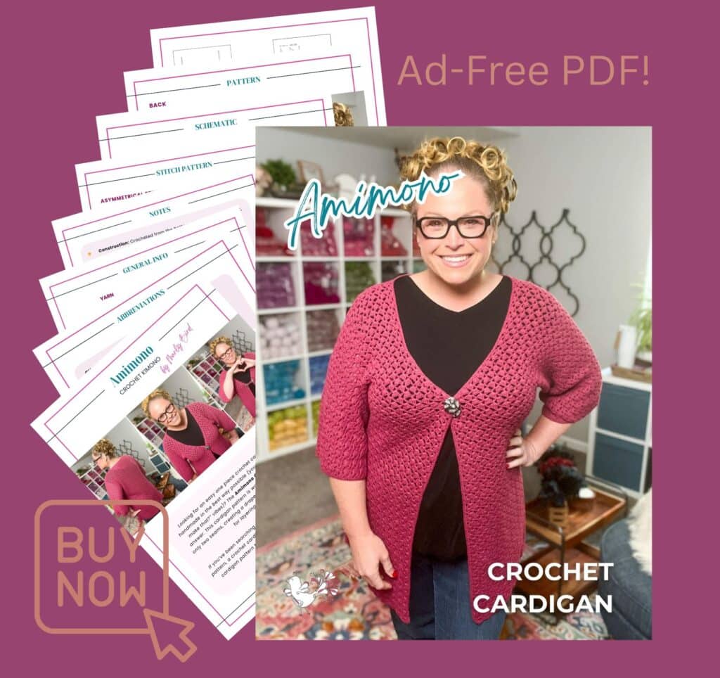 A smiling person wearing a pink Easy One Piece Crochet Cardigan stands in a craft room. Displayed to the left are preview pages of a crochet pattern PDF. Text reads "Ad-Free PDF! Amiimono Crochet Cardigan" with a "Buy Now" icon in the corner. -Marly Bird