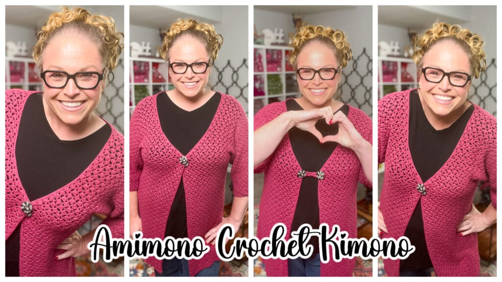 Four photos of a smiling woman with glasses wearing a pink crochet kimono over a black top, in different poses. Text at the bottom reads "Amimono Kimono Free Crochet Pattern. -Marly Bird