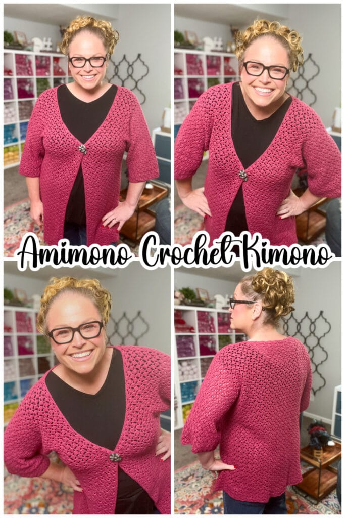 A smiling woman models a pink crocheted kimono cardigan in four poses—front, side, and back. She wears glasses and stands in a craft room with colorful yarn shelves. Text: "Amimono Kimono Free Crochet Pattern. -Marly Bird