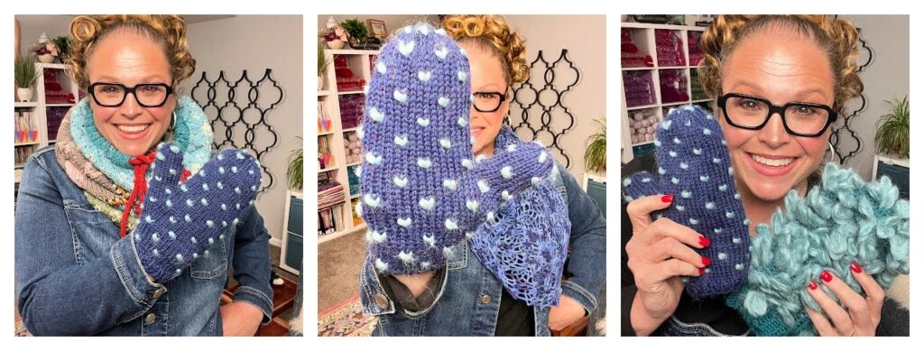 A smiling woman with glasses holds up crocheted mittens in three different poses, showing various blue and purple designs. Yarn, crafting supplies, and a free knit thrummed mitten pattern are visible in the background. -Marly Bird
